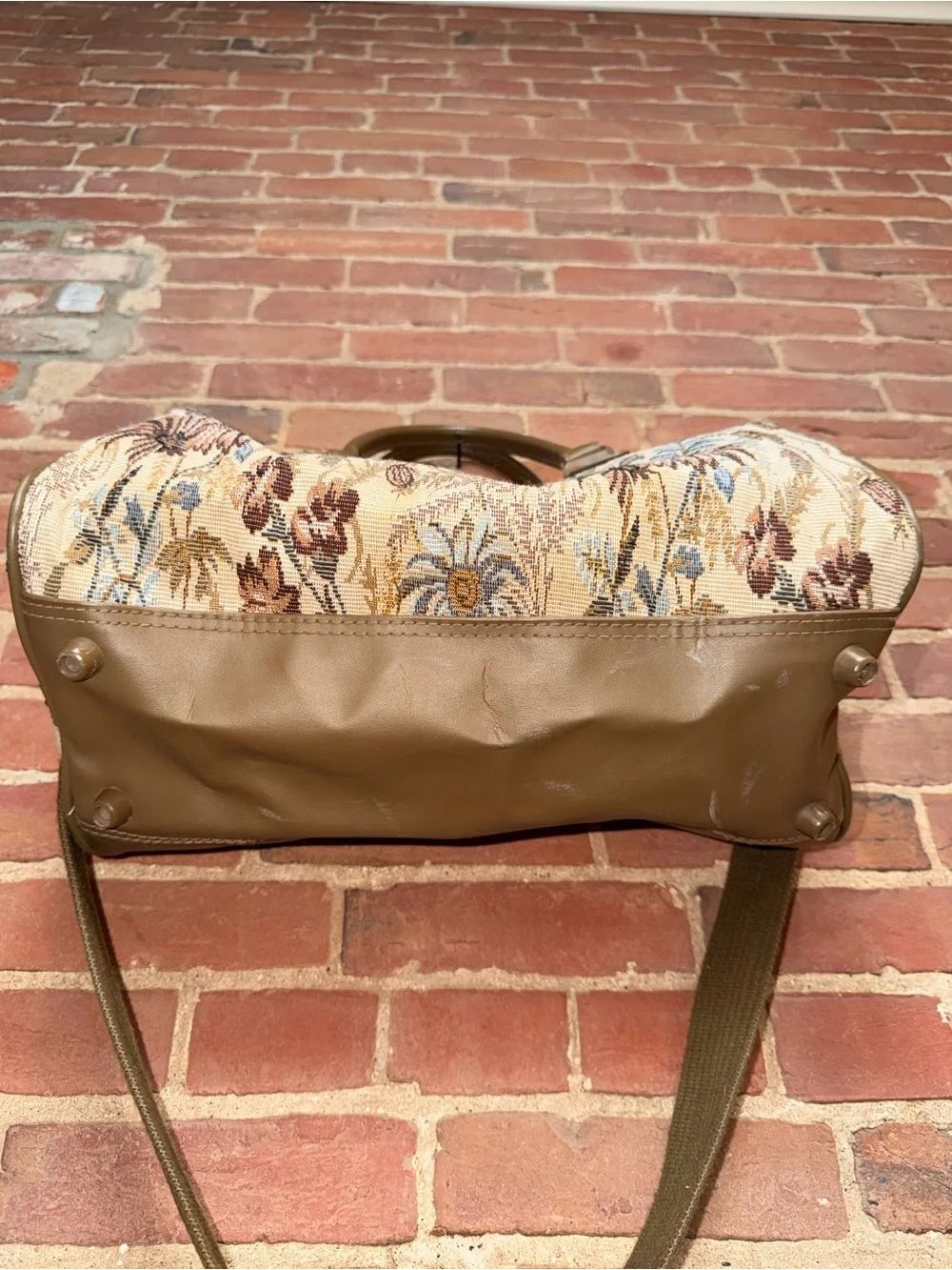 Jordache Floral Tapestry Satchel Handle Bag Shoulder Strap Olive Brown Trim